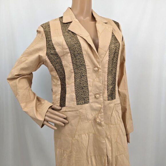 NWT Vintage 1990s Silk Box Longline Jacket Cream Patchwork Trench Gold Size 6 - Picture 4 of 15